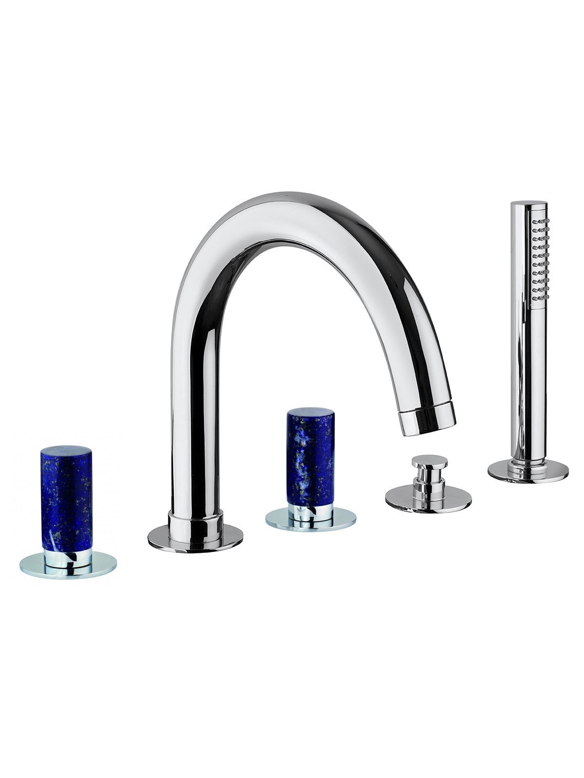 Deck mounted bath mixer with diverter, pull-out shower and spout