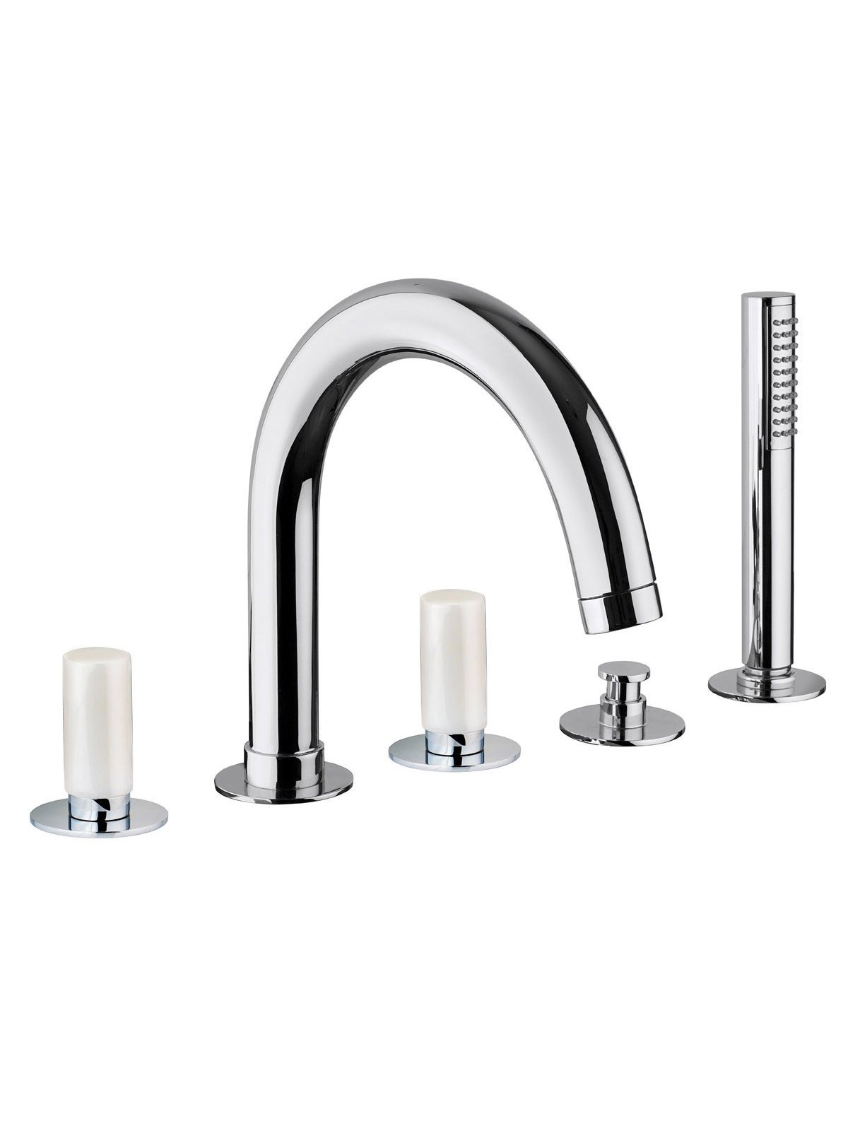 Deck mounted bath mixer with diverter, pull-out shower and spout