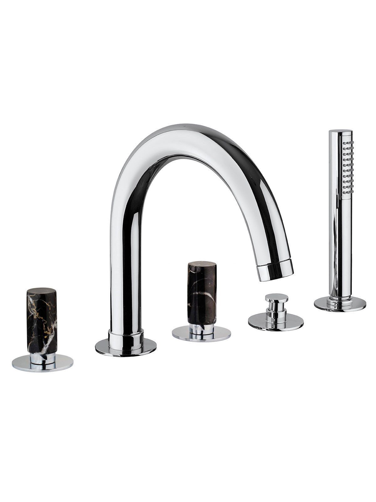 Deck mounted bath mixer with diverter, pull-out shower and spout