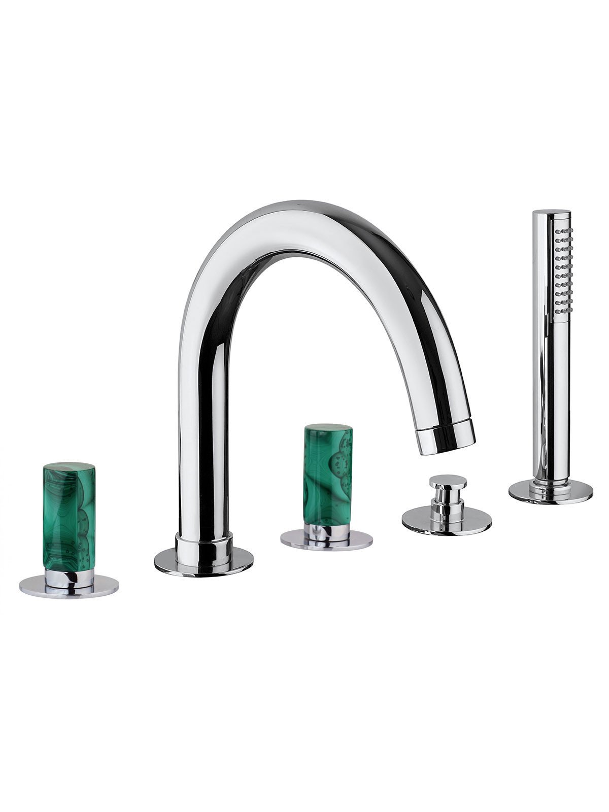 Deck mounted bath mixer with diverter, pull-out shower and spout