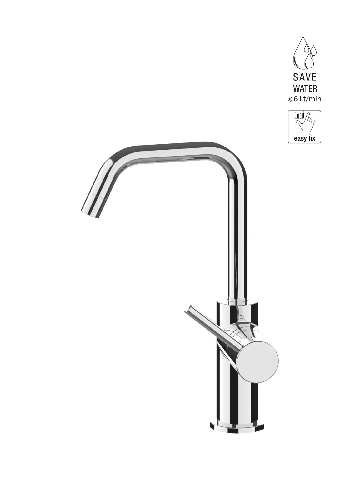 Single-lever washbasin mixer with high spout and pop-up waste