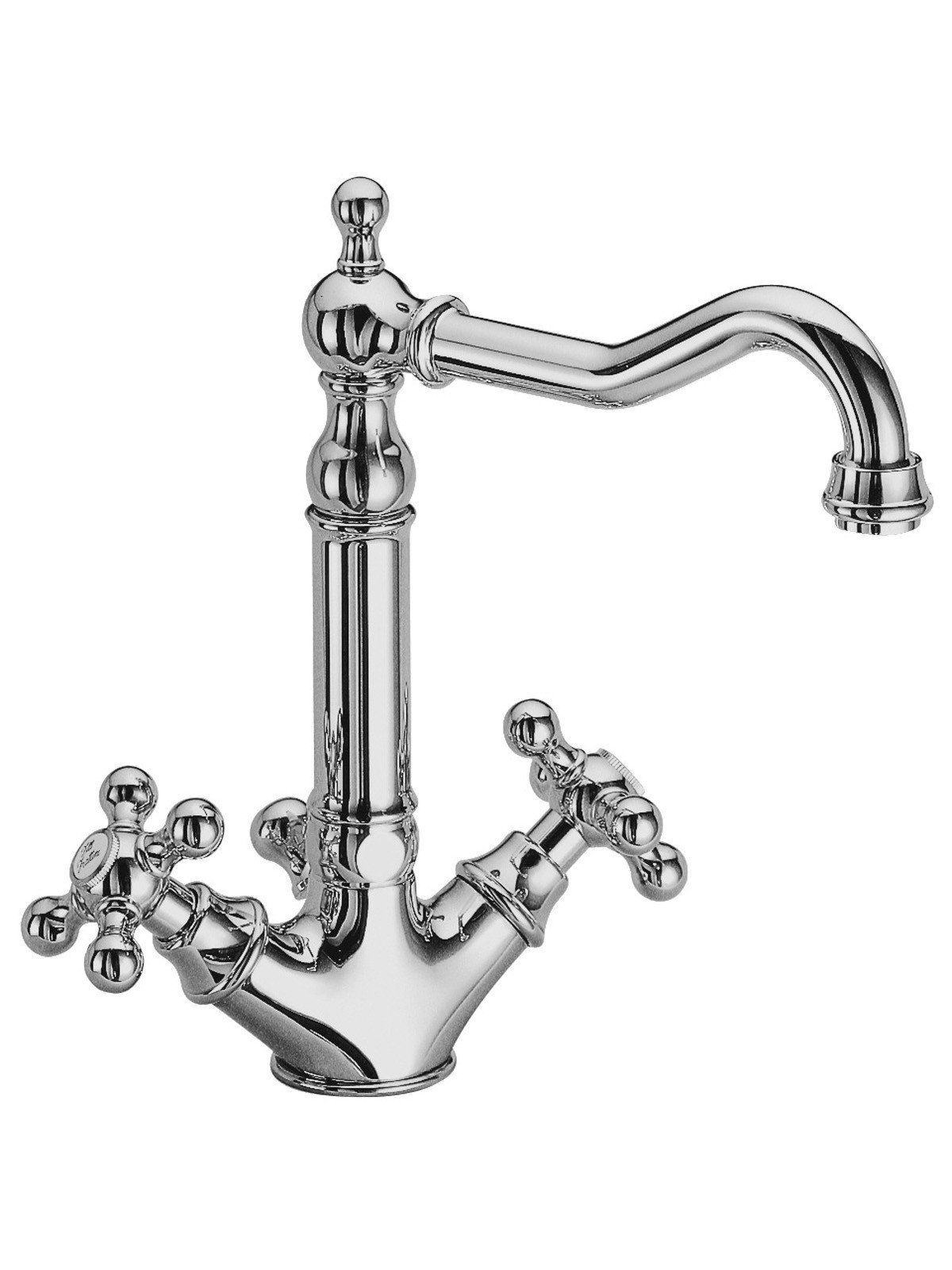 Single-hole washbasin mixer with old-style spout and waste