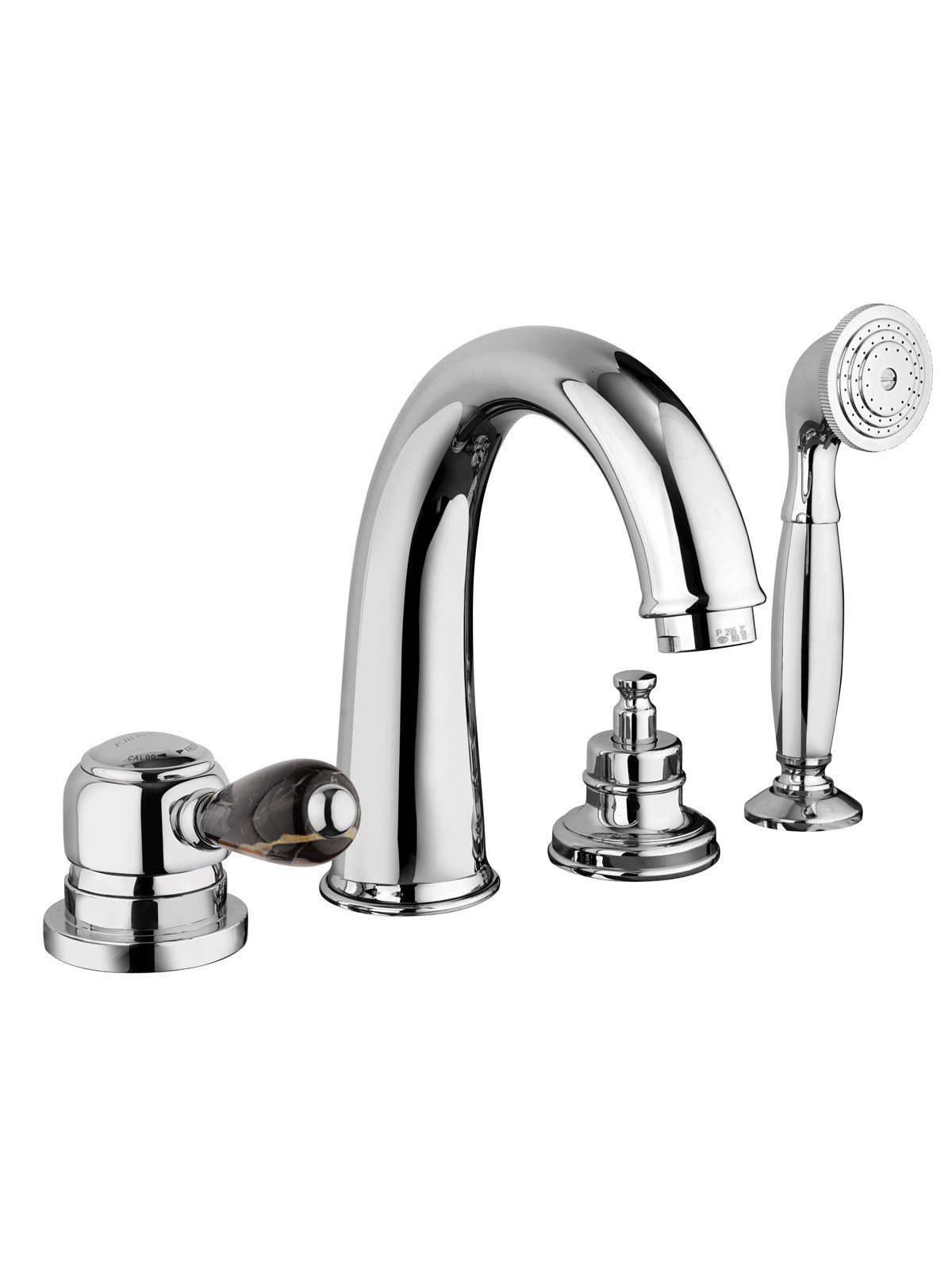 Deck mounted bath mixer with diverter, pull-out shower and spout