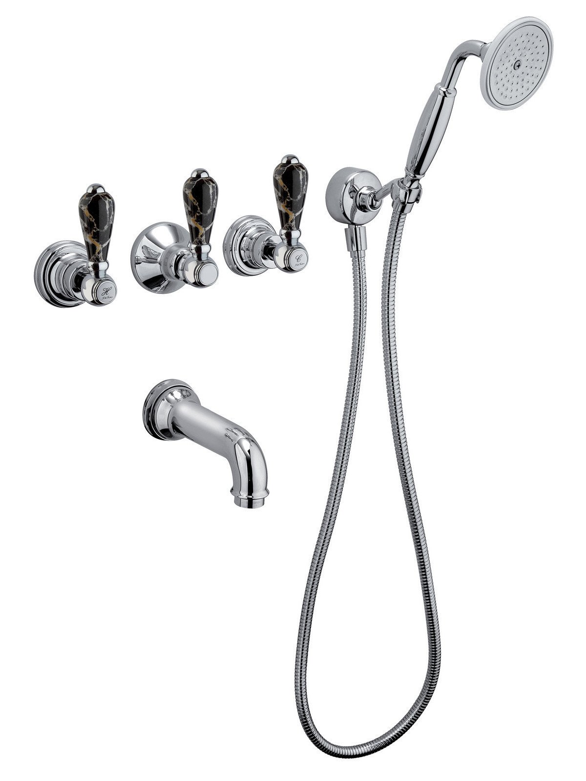 Built-in bath mixer, with central diverter and duplex shower