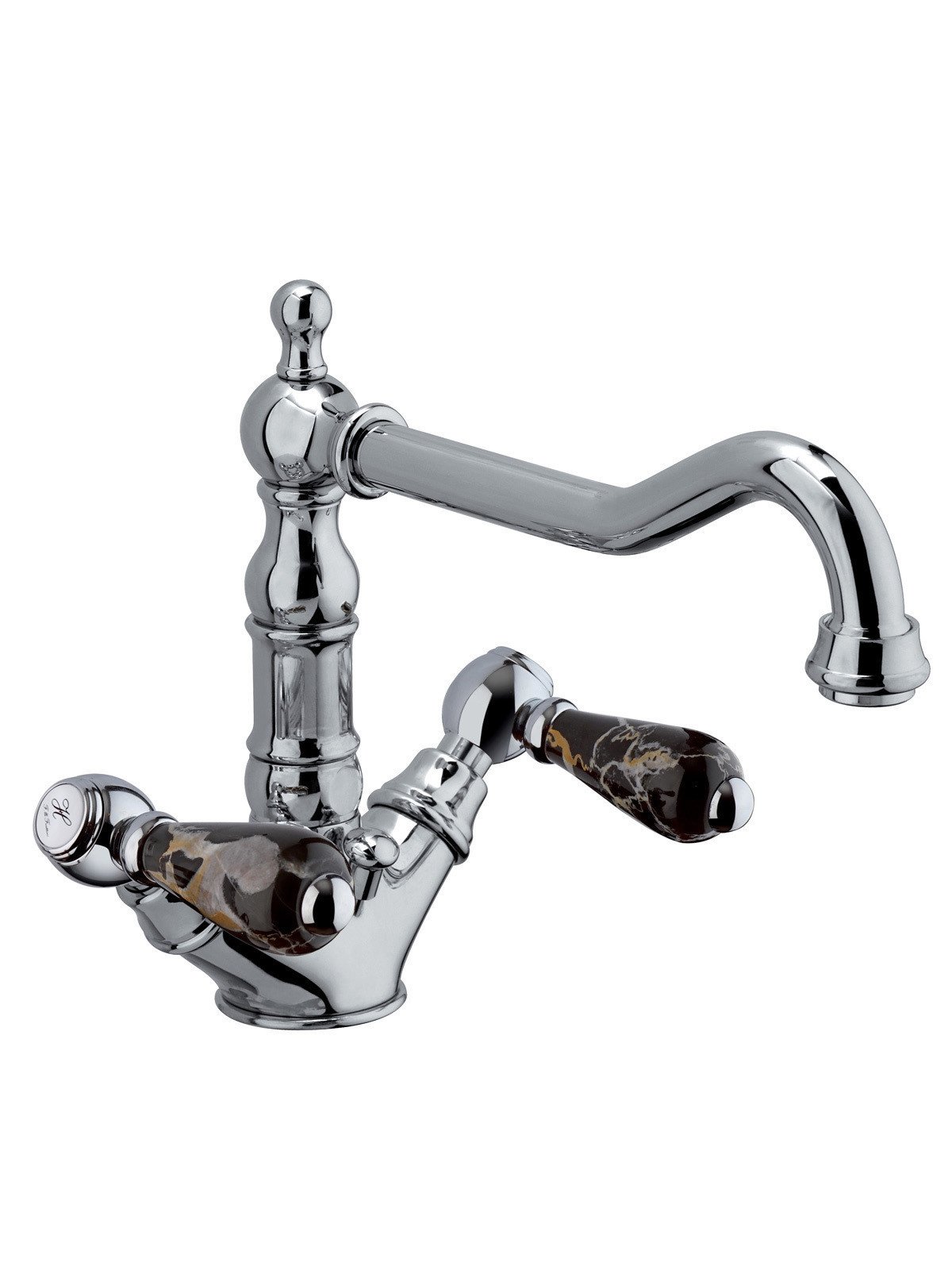 Single-hole washbasin mixer with old-style spout and 1”1/4 pop-u