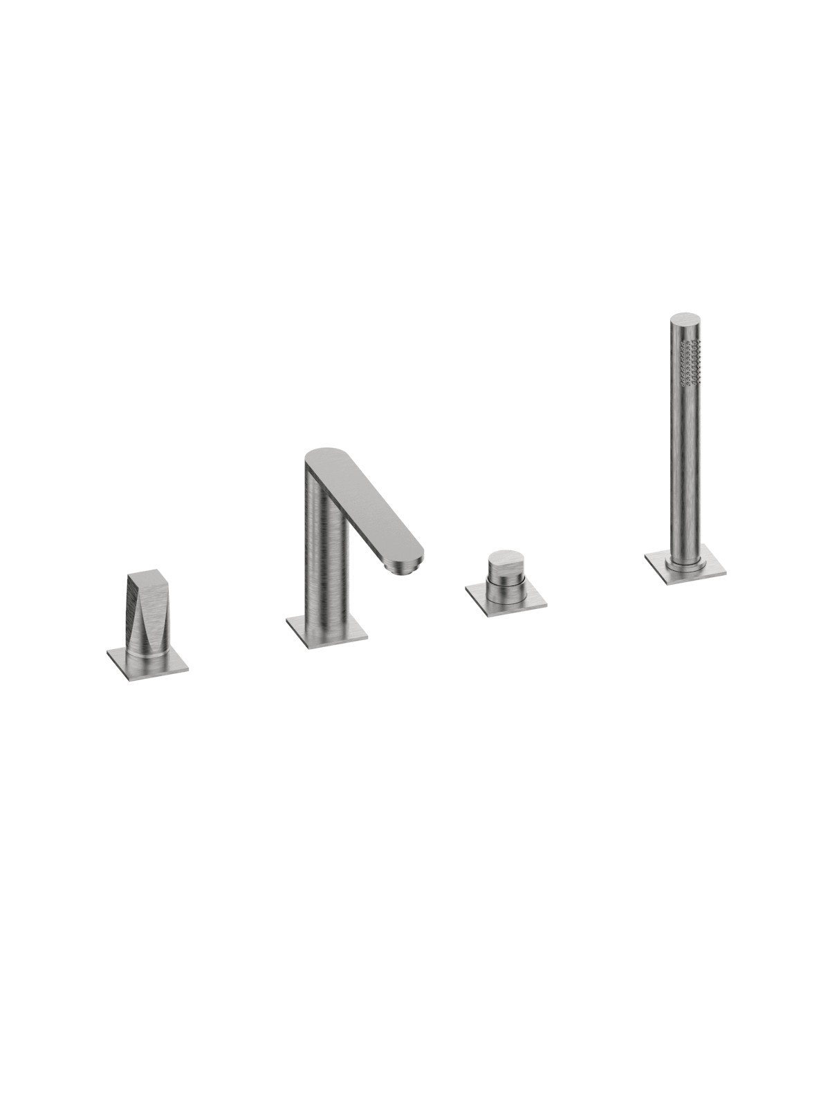 Deck mounted bath mixer with diverter, pull-out shower, spout