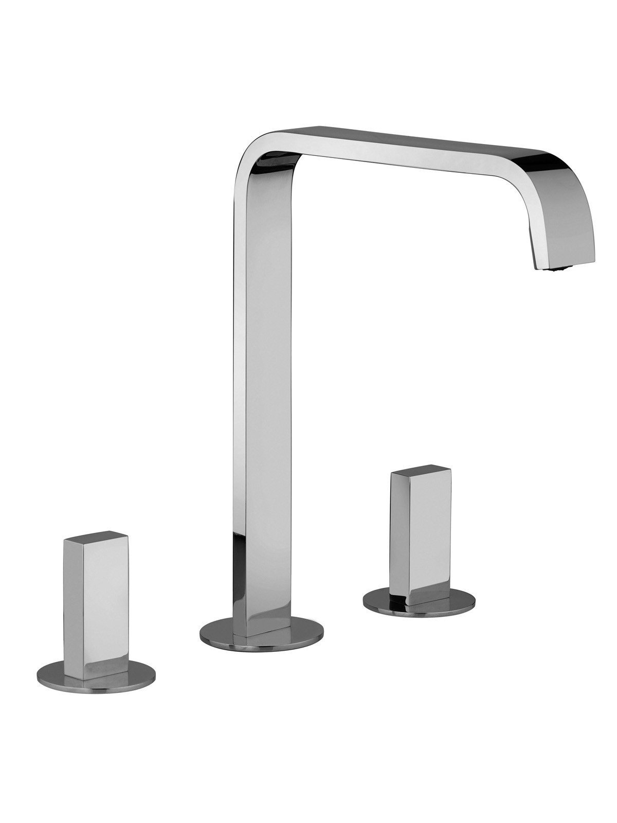 Three hole washbasin mixer with fixed spout without pop-up waste