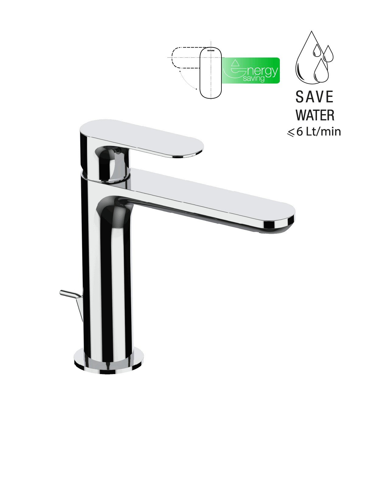 Single-lever washbasin mixer pop-up waste energy saving
